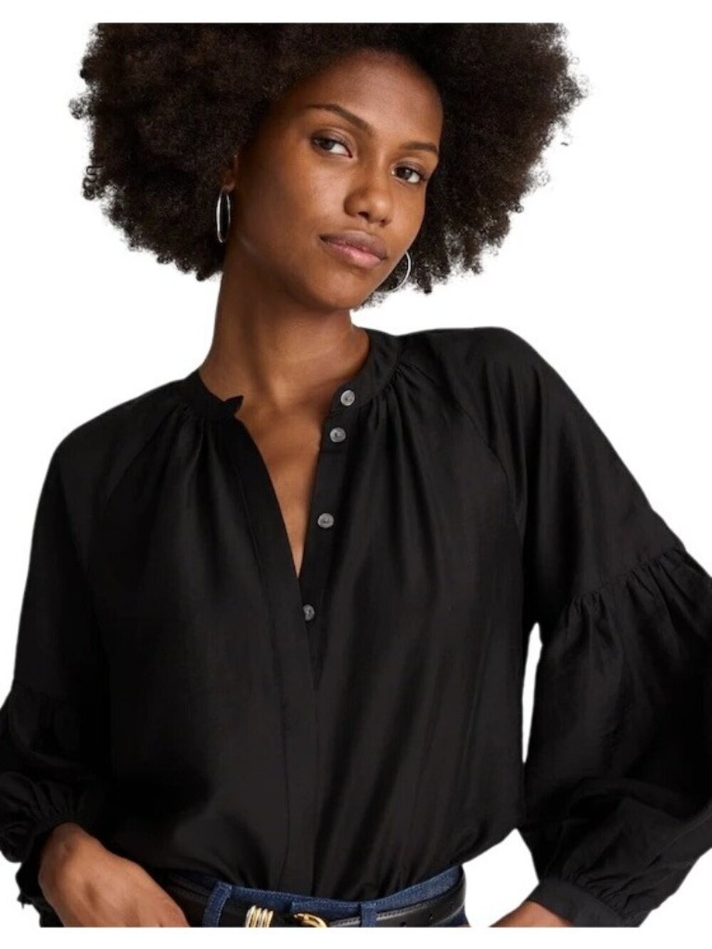 Madewell Womens Shirred Balloon-Sleeve Top~Size Small~Jet Black Blouse NWT L5 02